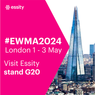 Essity logo and picture of The Shard in London for EWMA Conference 1-3 May in London